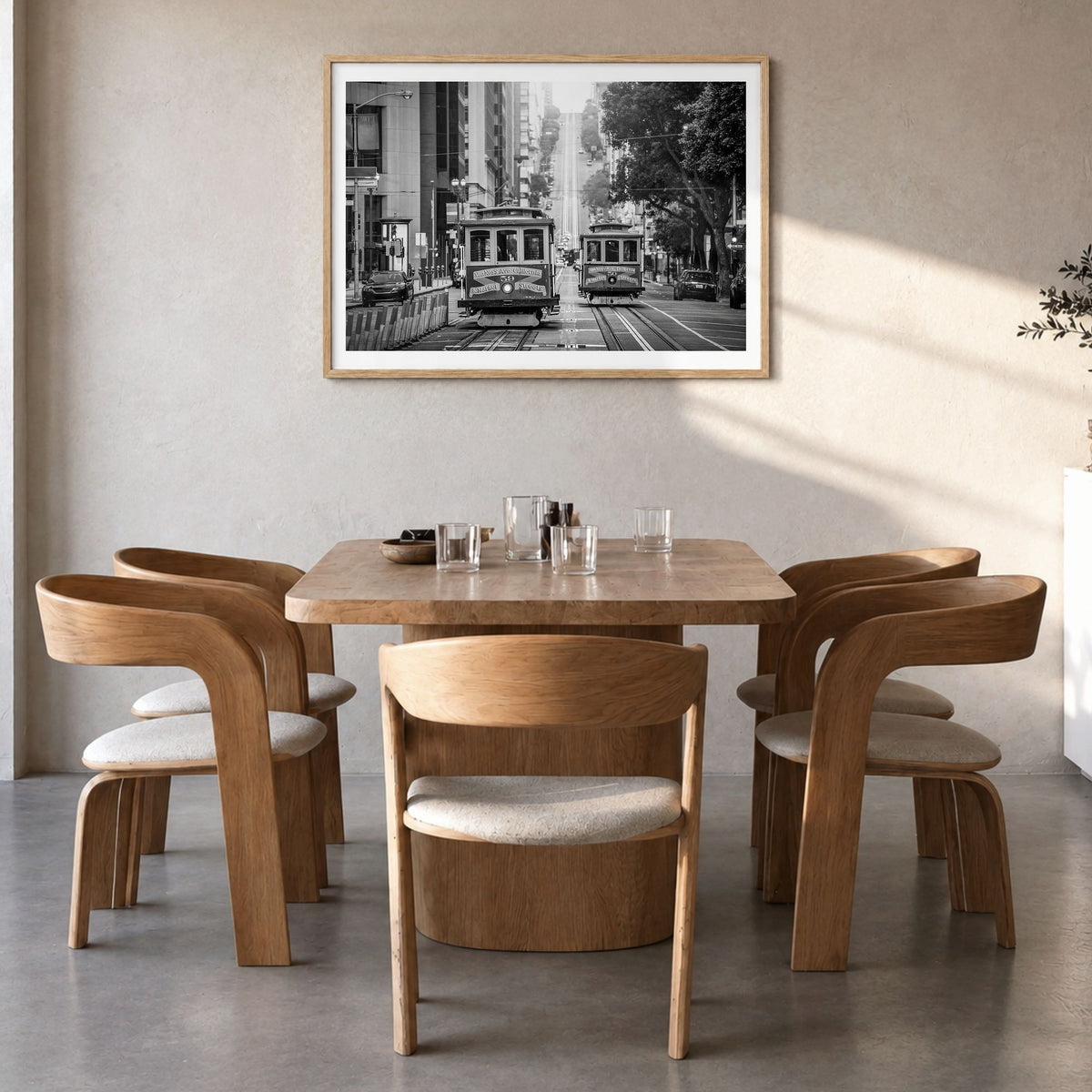 San Francisco Photo No 2 Poster in a natural wood frame, hanging in a dining room, white border