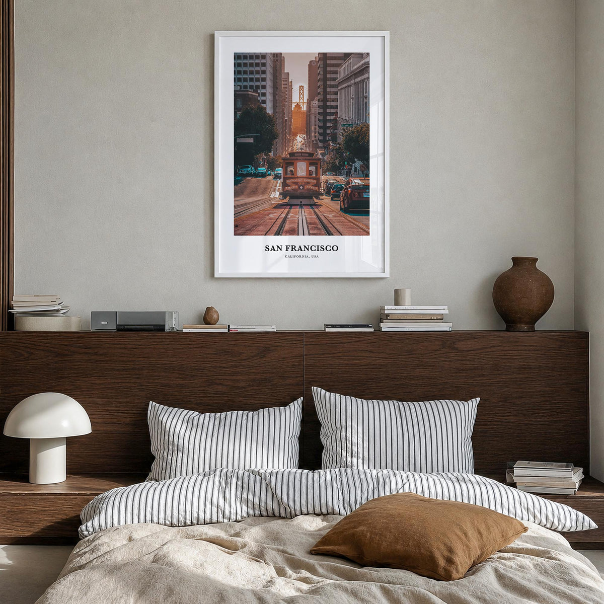 San Francisco no. 1 colorful classic poster of California, USA – vertical wall art in white wood frame, hanging on wall