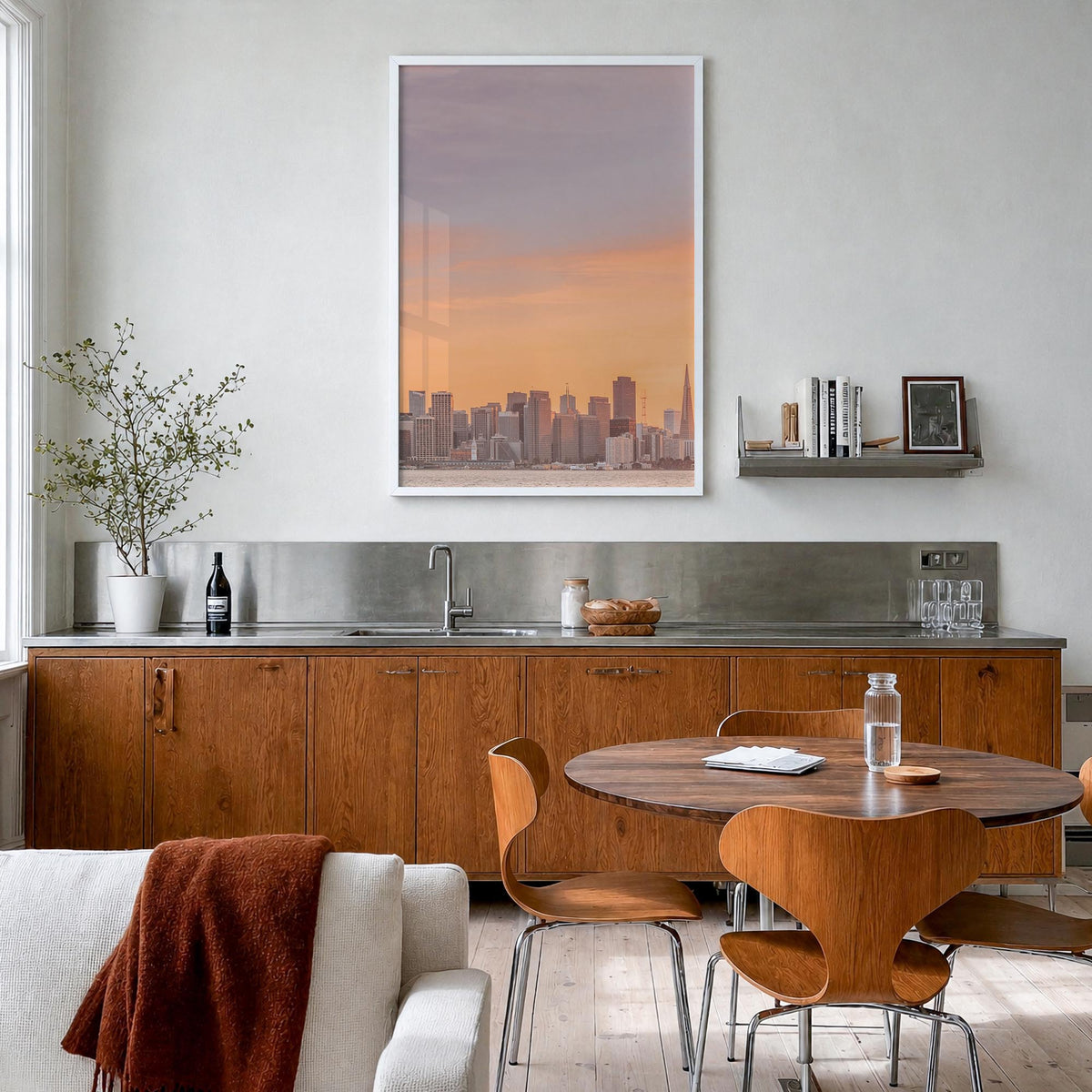 San Francisco no. 1 colorful photo poster of California, USA – vertical wall art in white wood frame, hanging on wall