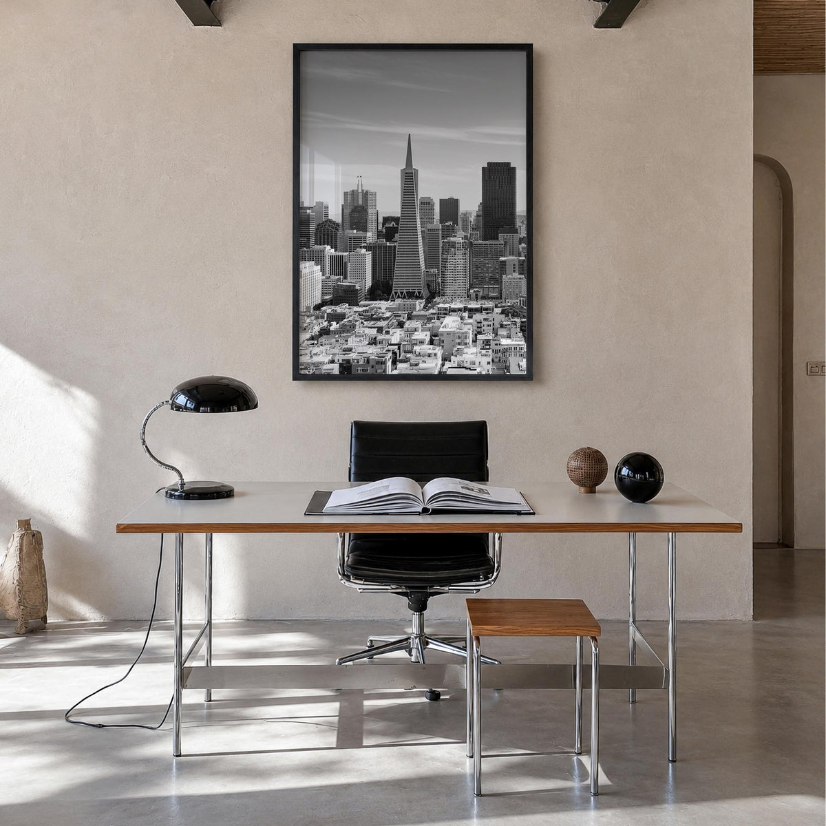 San Francisco no. 2 black & white photo poster of California, USA – vertical wall art in black wood frame, hanging on wall