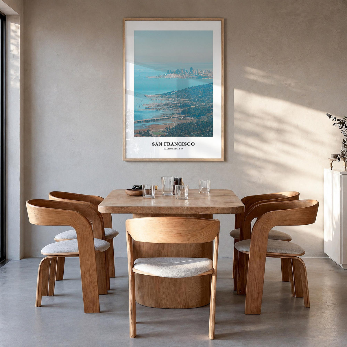 San Francisco no. 2 colorful classic poster of California, USA – vertical wall art in natural wood frame, hanging on wall