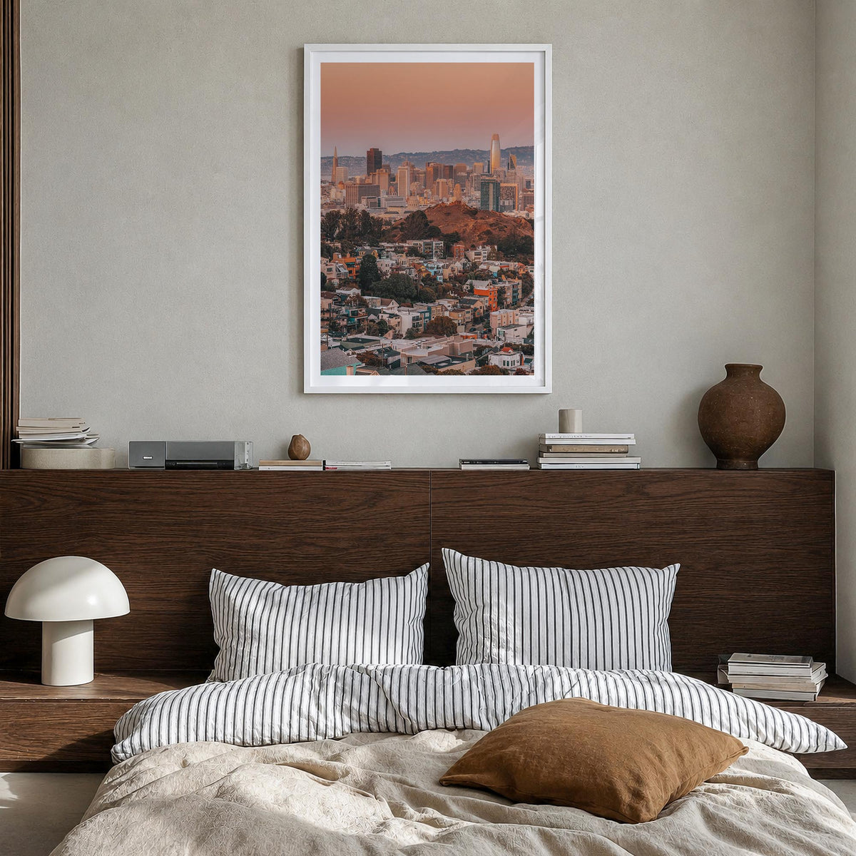 San Francisco no. 2 colorful photo poster of California, USA – vertical wall art in white wood frame with white border, hangi