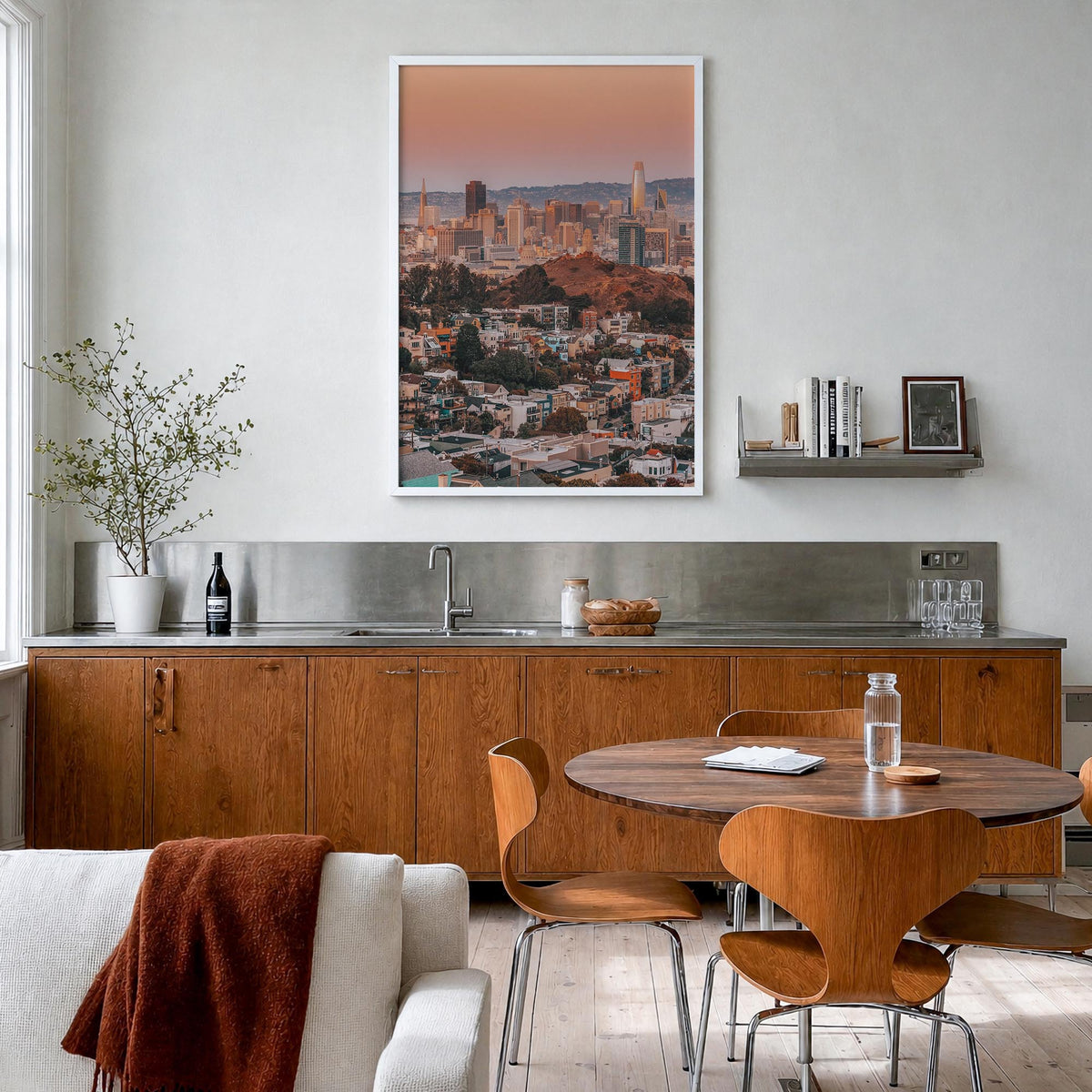 San Francisco no. 2 colorful photo poster of California, USA – vertical wall art in white wood frame, hanging on wall