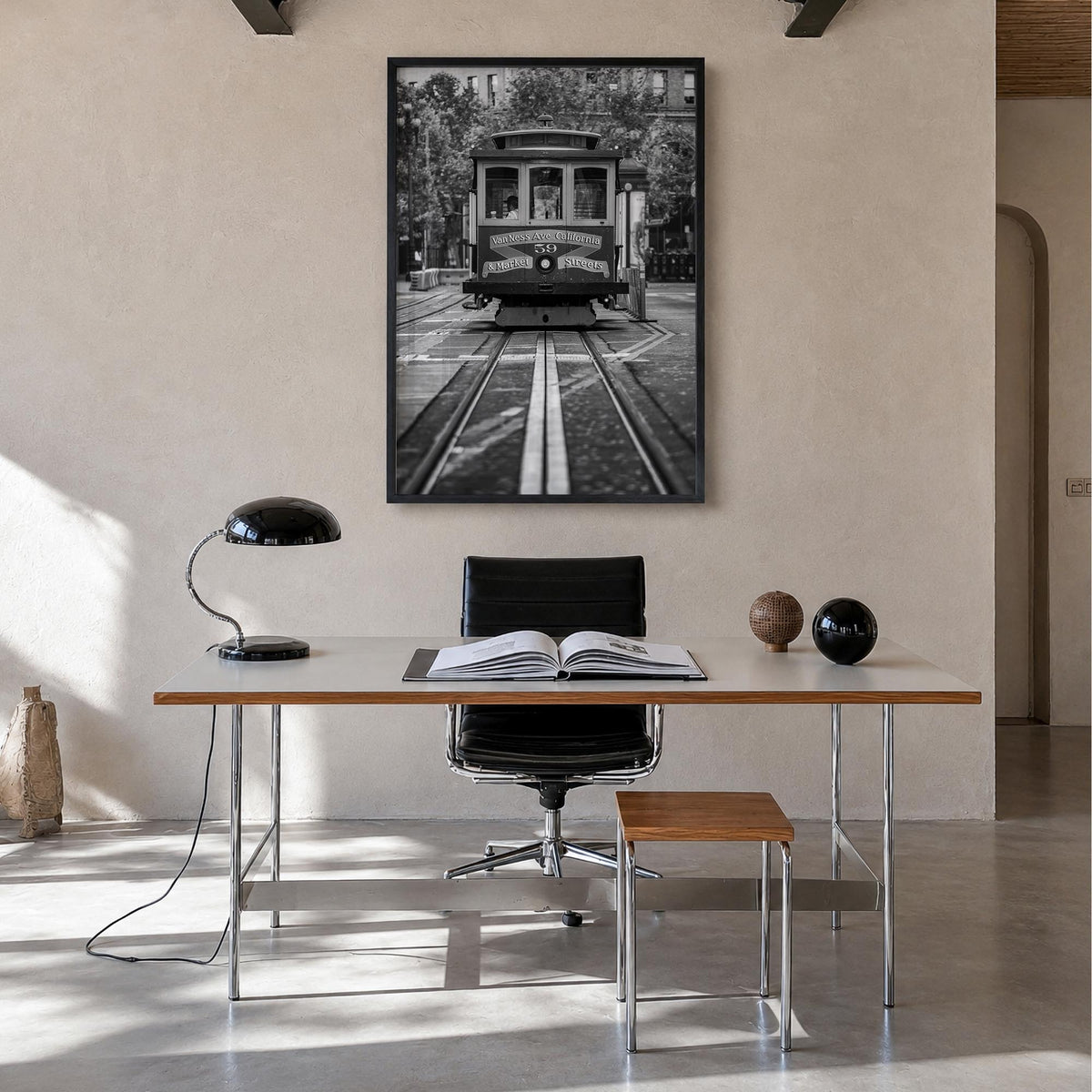 San Francisco no. 3 black & white photo poster of California, USA – vertical wall art in black wood frame, hanging on wall