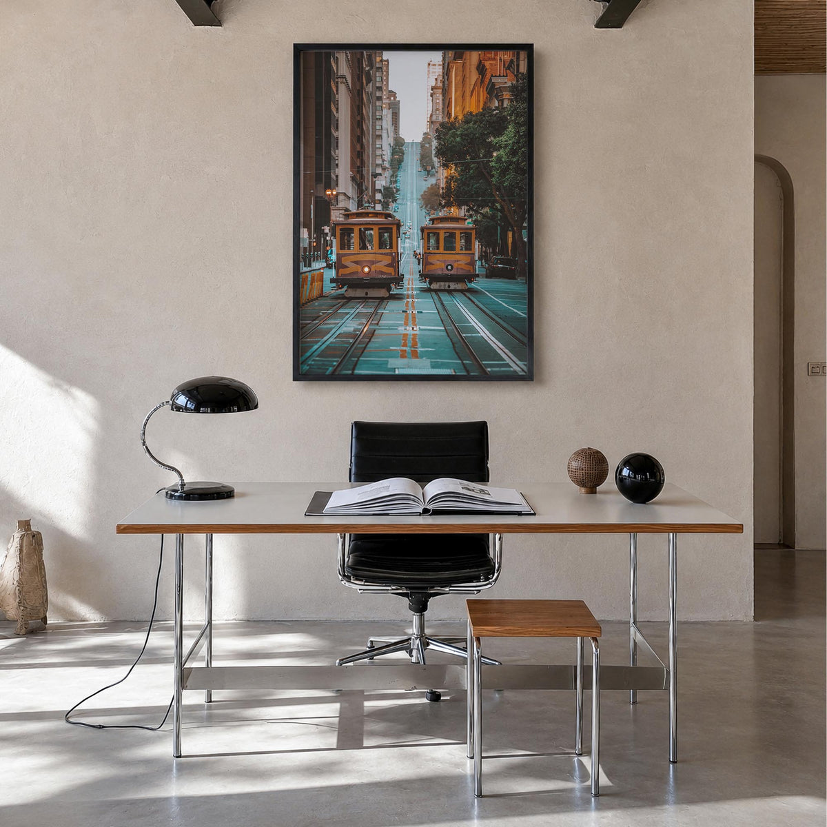 San Francisco no. 3 colorful photo poster of California, USA – vertical wall art in black wood frame, hanging on wall