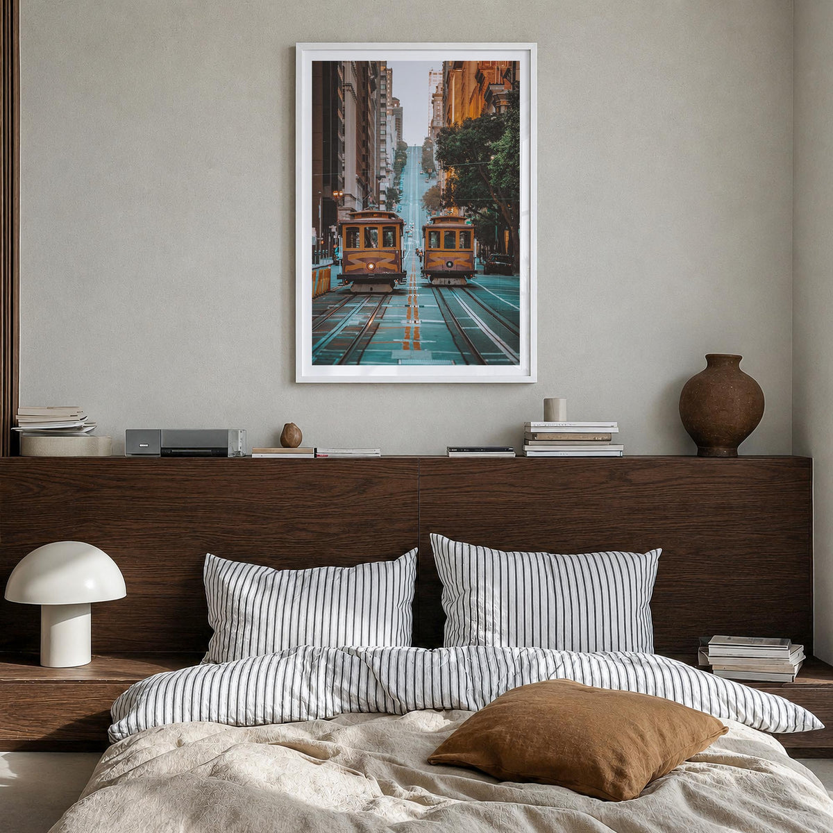 San Francisco no. 3 colorful photo poster of California, USA – vertical wall art in white wood frame with white border, hangi