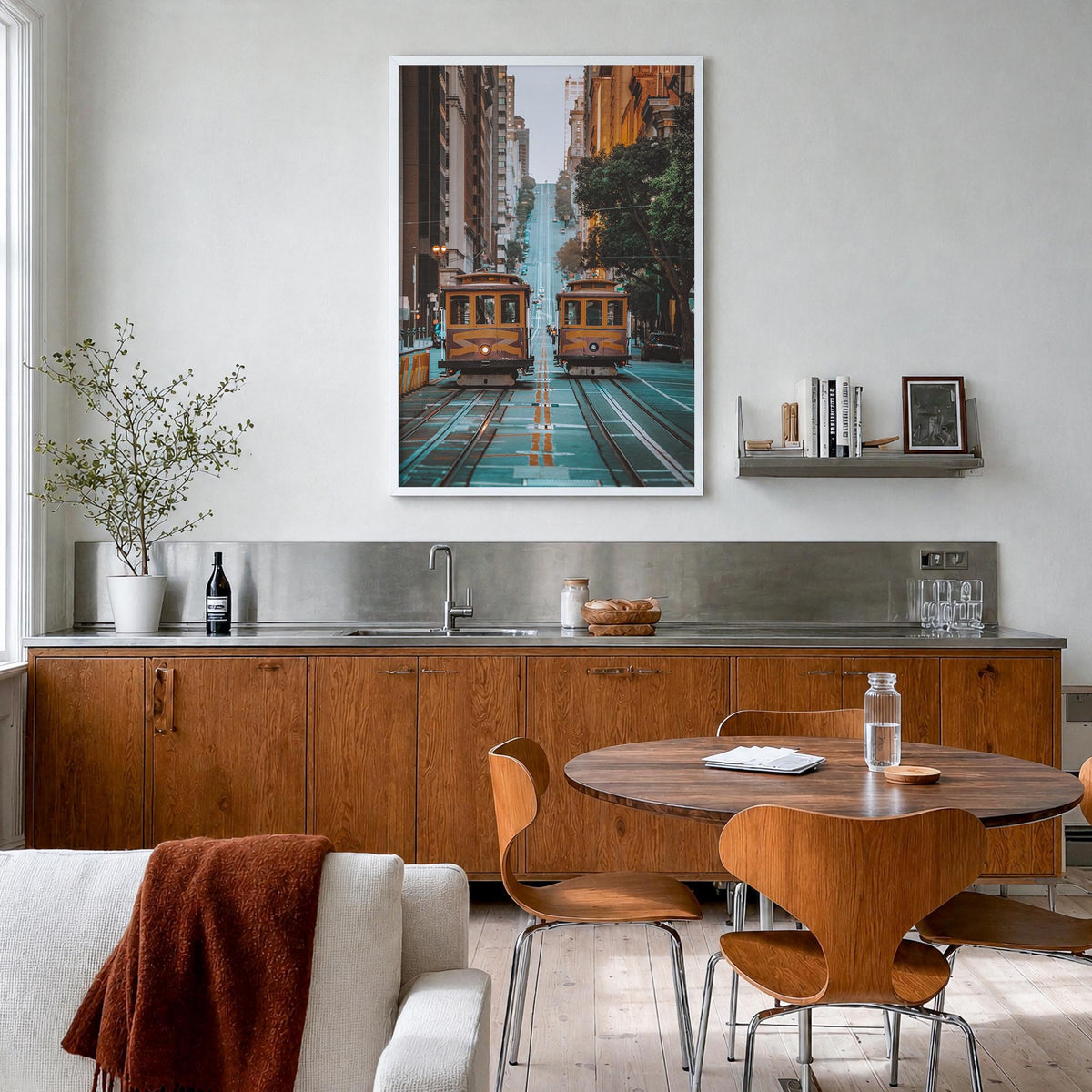 San Francisco no. 3 colorful photo poster of California, USA – vertical wall art in white wood frame, hanging on wall