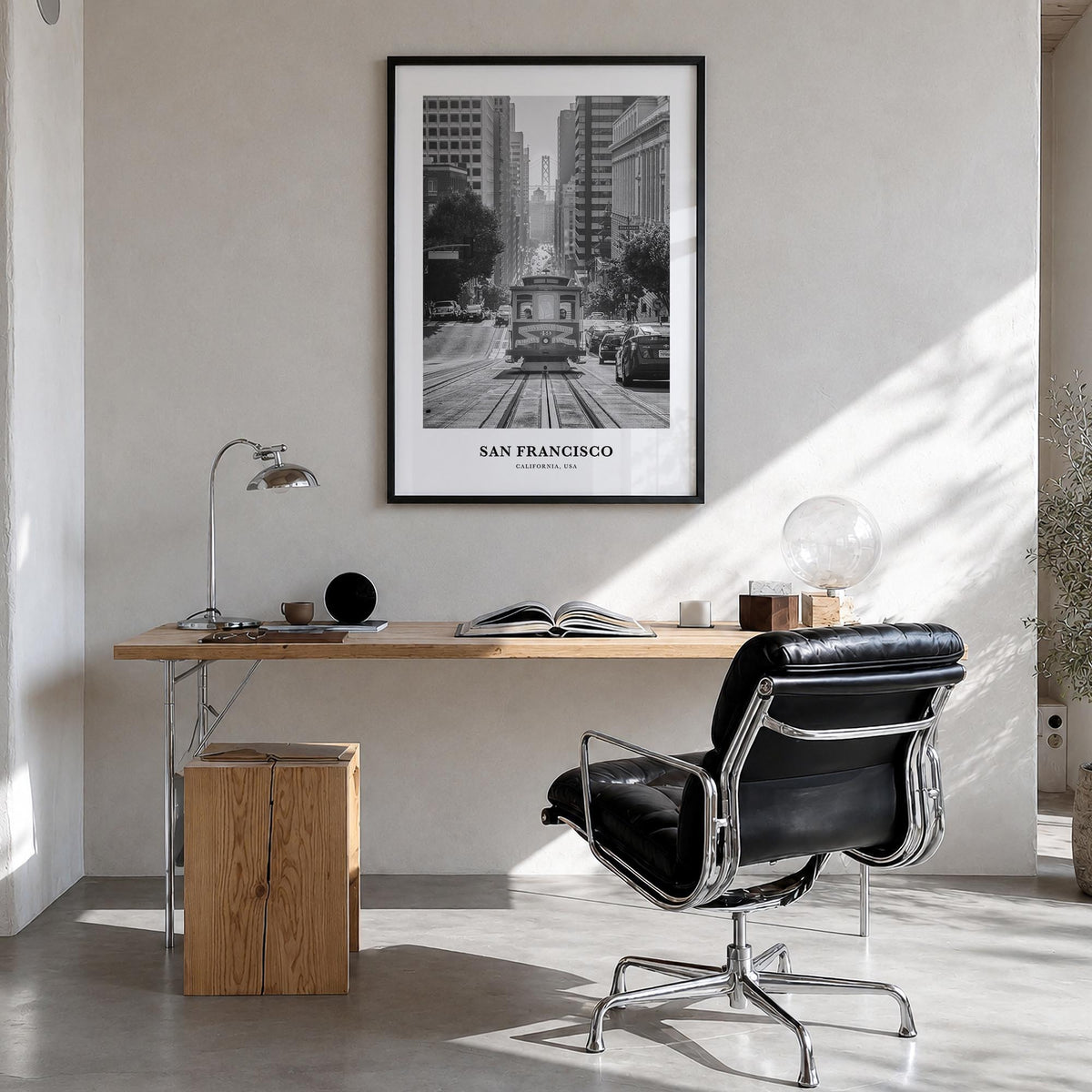 San Francisco no. 4 black & white classic poster of California, USA – vertical wall art in black wood frame, hanging on wall