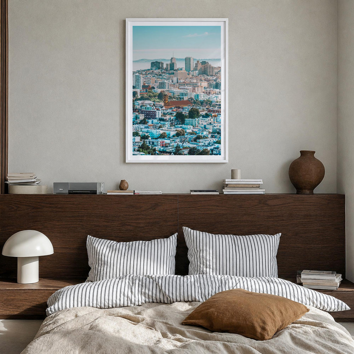 San Francisco no. 5 colorful photo poster of California, USA – vertical wall art in white wood frame with white border, hangi