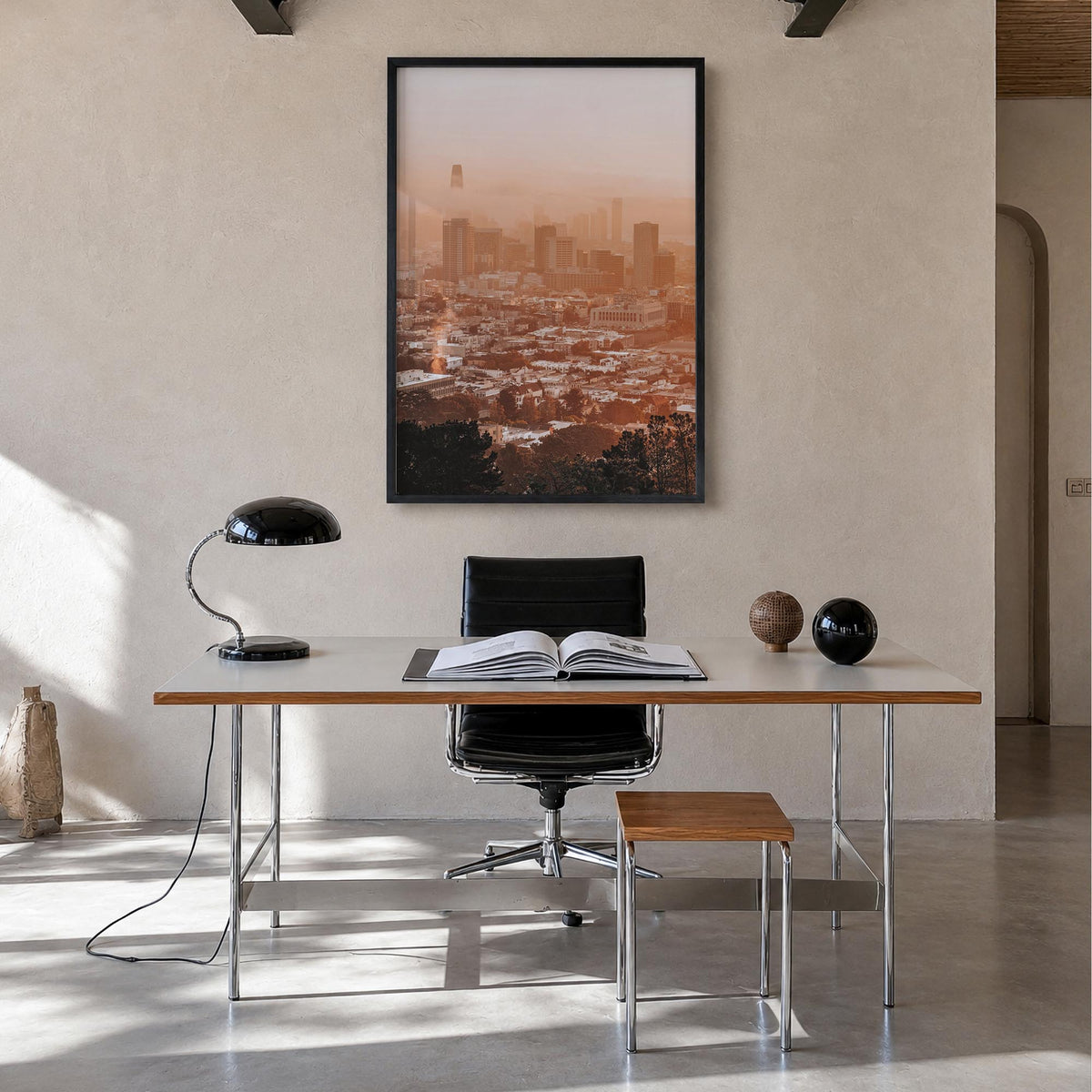 San Francisco no. 7 colorful photo poster of California, USA – vertical wall art in black wood frame, hanging on wall