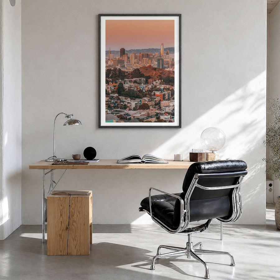 San Francisco Photo No 2 Poster in a black wood frame, hanging in a bright home office, white border