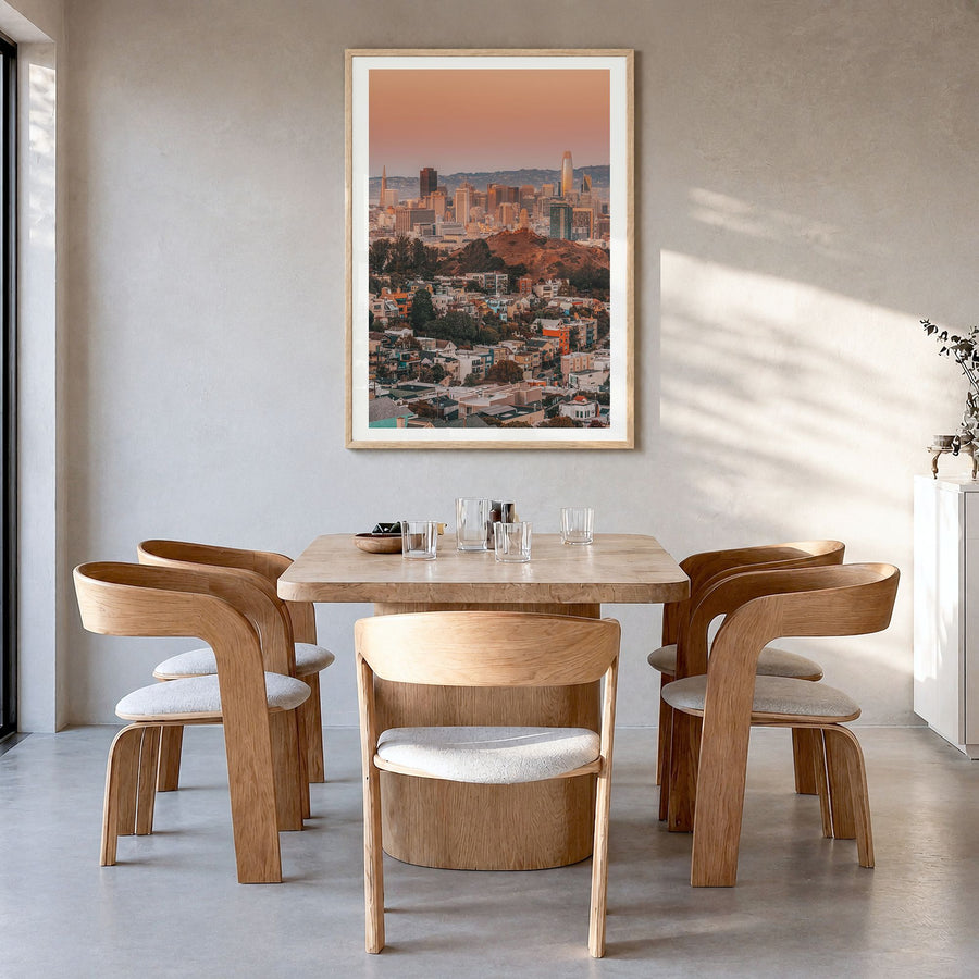San Francisco Photo No 2 Poster in a natural wood frame, hanging in a dining room, white border