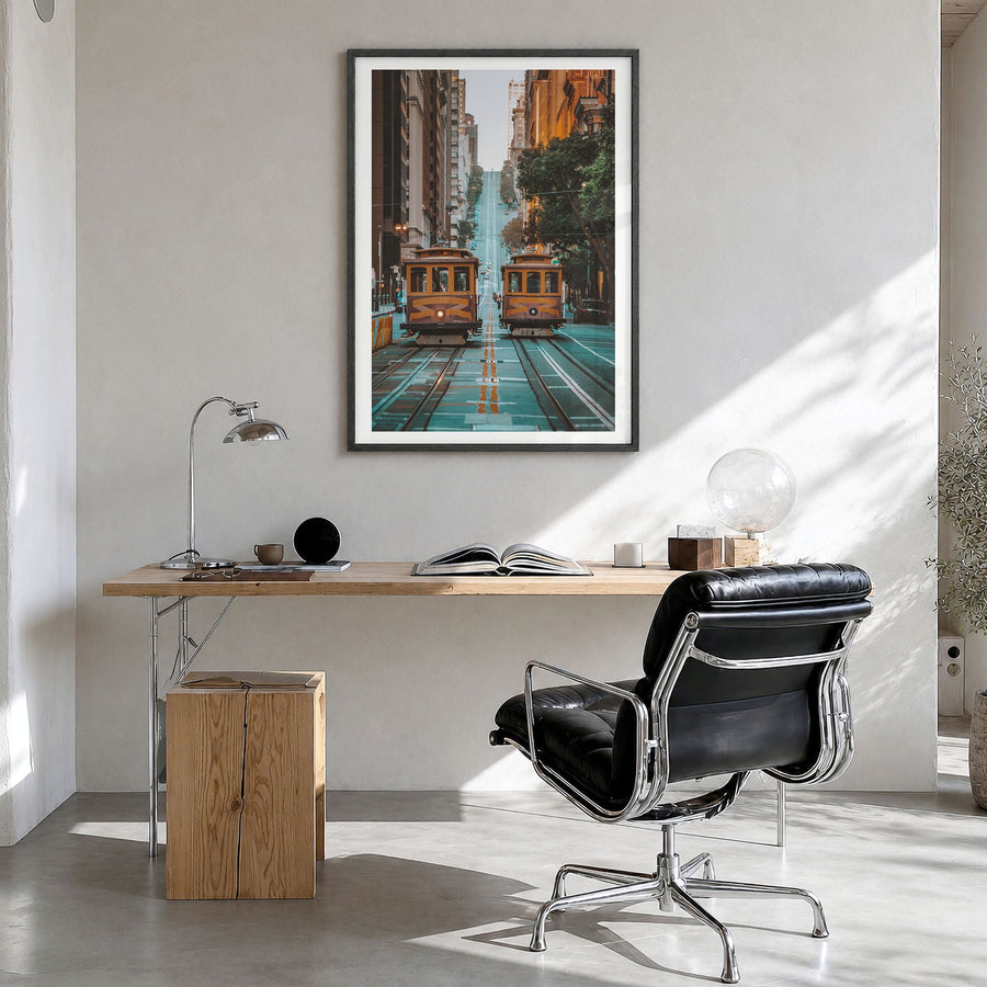 San Francisco Photo No 3 Poster in a black wood frame, hanging in a bright home office, white border