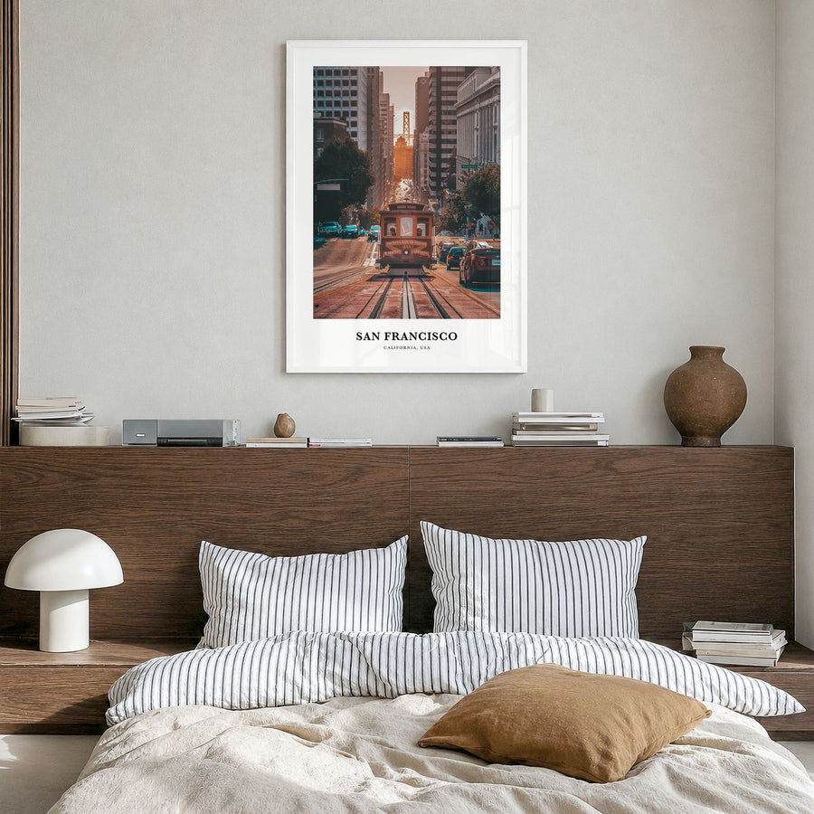 San Francisco Classic No 1 Poster in a white wood frame, hanging in a bedroom
