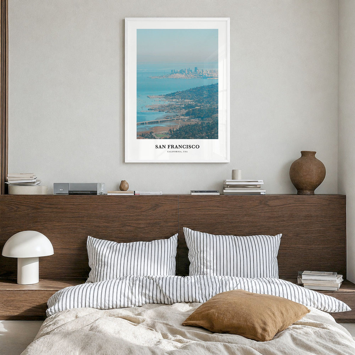 San Francisco Classic No 2 Poster in a white wood frame, hanging in a bedroom