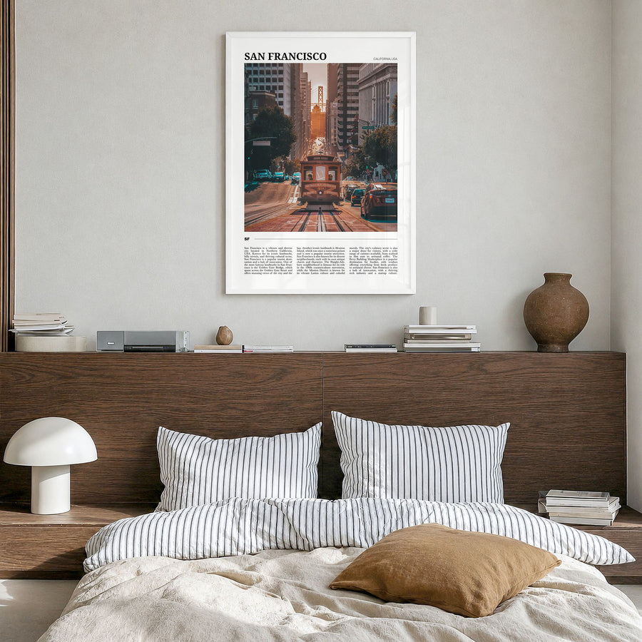 San Francisco Travel No 1 Poster in a white wood frame, hanging in a bedroom