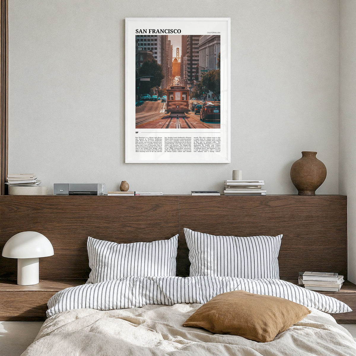 San Francisco Travel No 1 Poster in a white wood frame, hanging in a bedroom