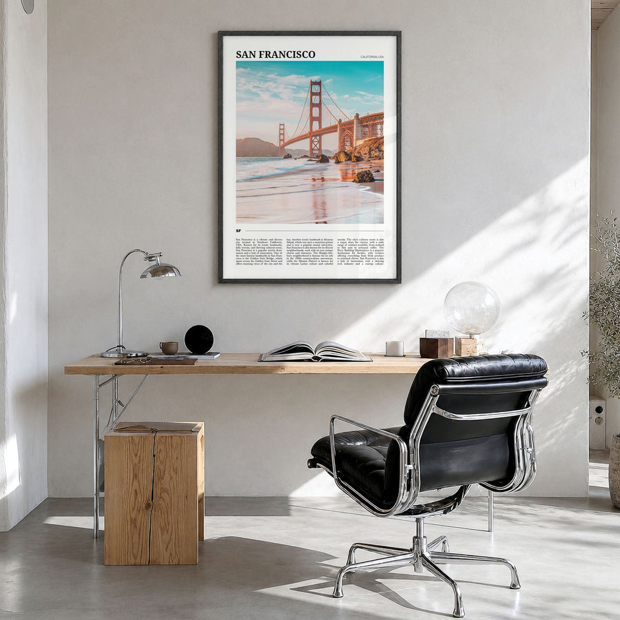 San Francisco Travel No 3 Poster in a black wood frame, hanging in a bright home office