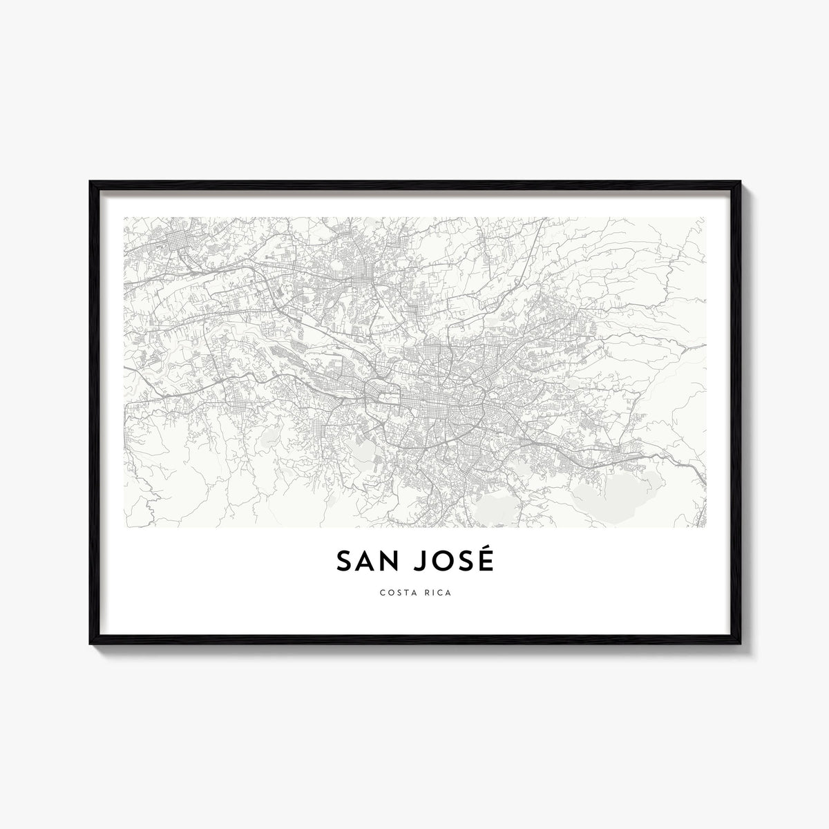 San José, Costa Rica black & white map poster of Costa Rica – horizontal wall art, unframed print shown in interior mockup