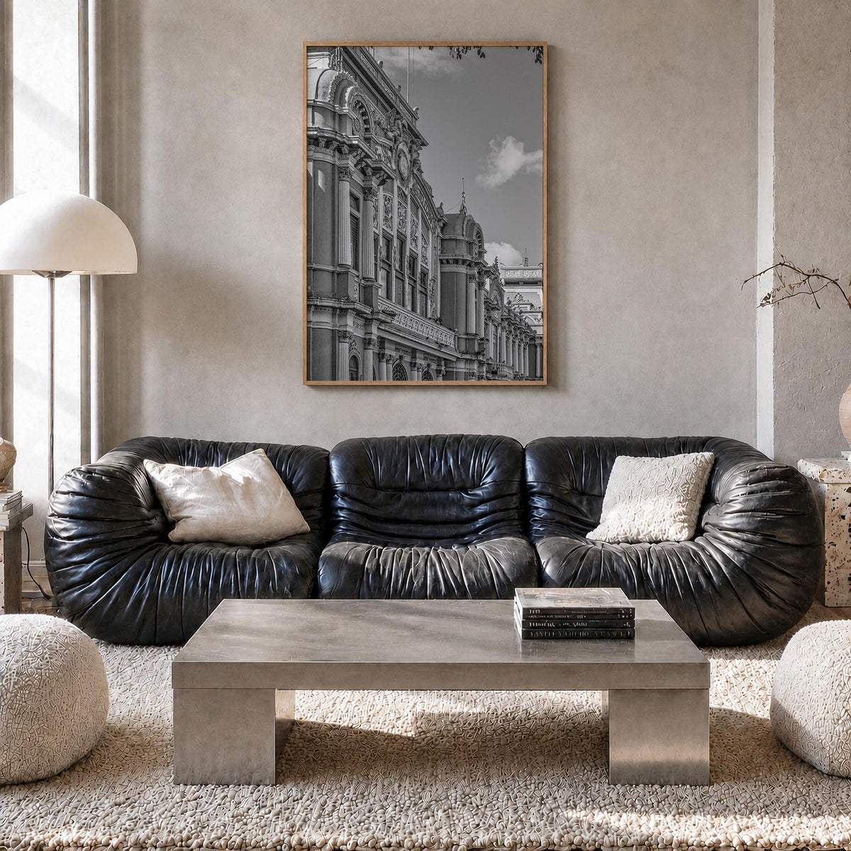 San José, Costa Rica black & white photo poster of Costa Rica – vertical wall art in natural wood frame, hanging on wall