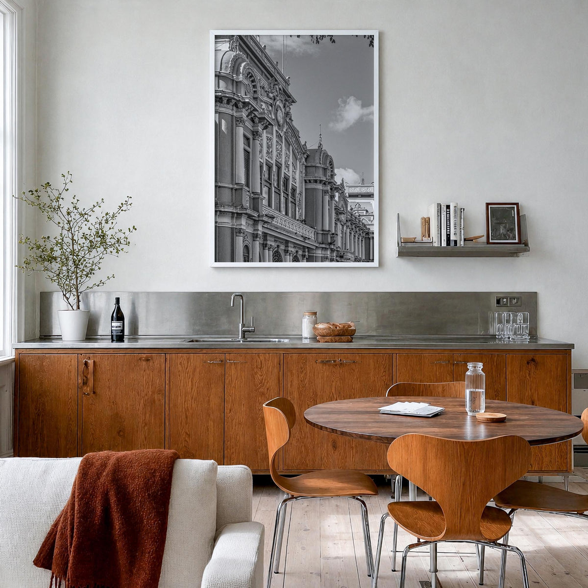 San José, Costa Rica black & white photo poster of Costa Rica – vertical wall art in white wood frame, hanging on wall