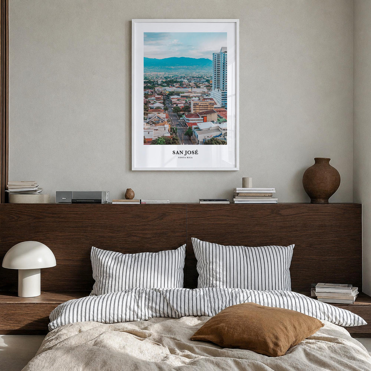 San José, Costa Rica colorful classic poster of Costa Rica – vertical wall art in white wood frame, hanging on wall