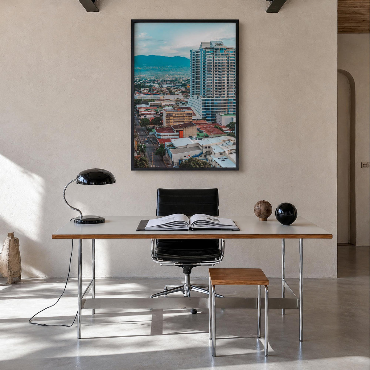 San José, Costa Rica colorful photo poster of Costa Rica – vertical wall art in black wood frame, hanging on wall