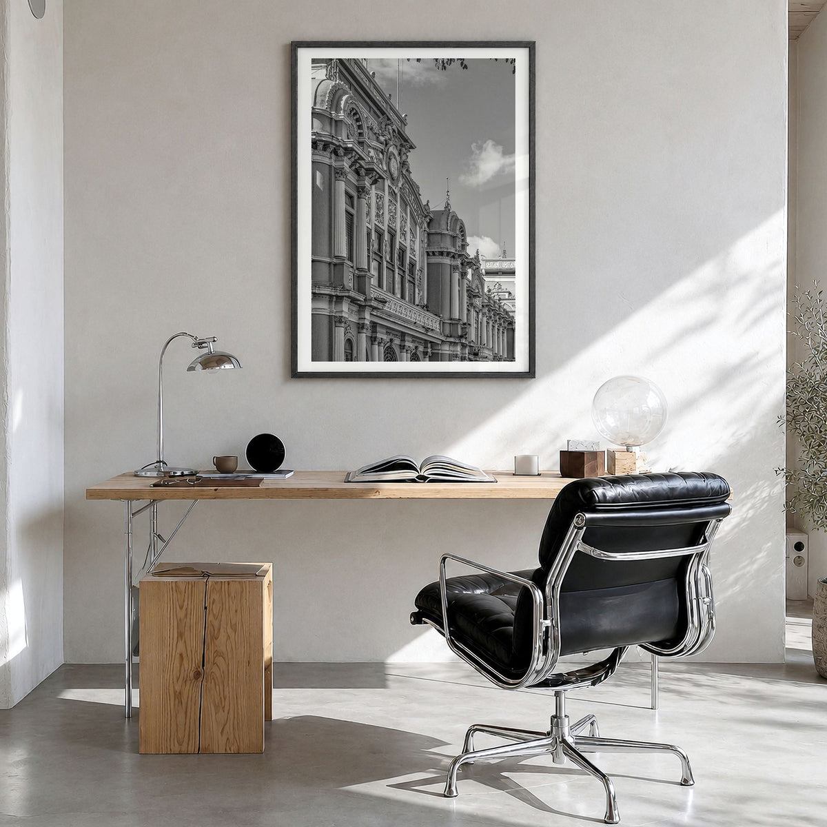 San José, Costa Rica Photo Poster in a black wood frame, hanging in a bright home office, white border