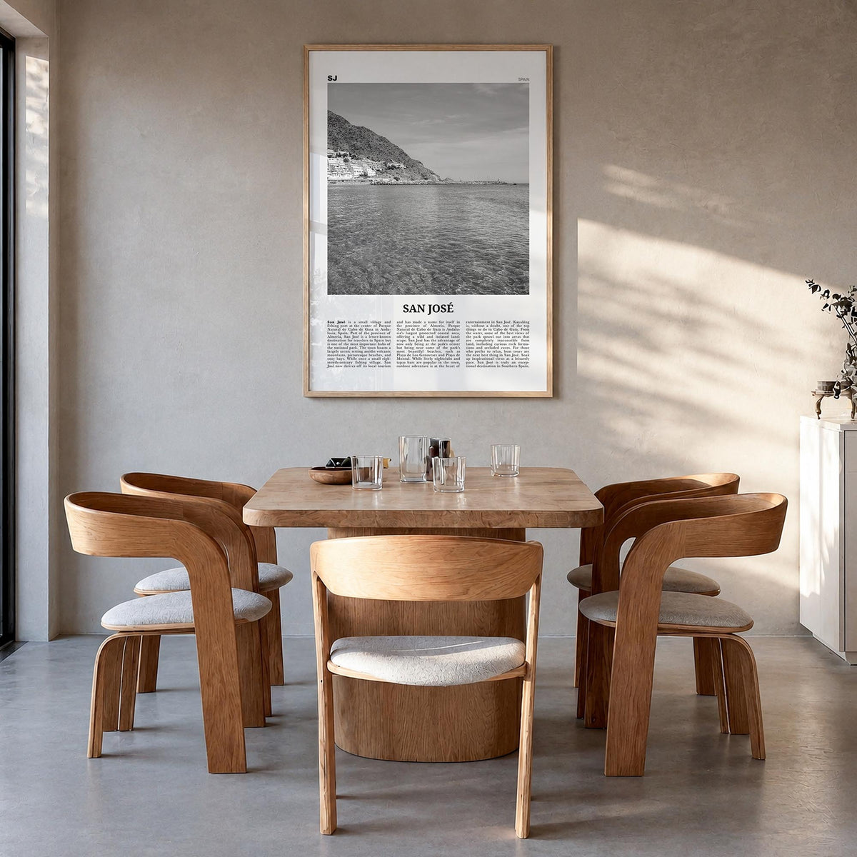 San José, Spain black & white newspaper poster of Spain – vertical wall art in natural wood frame, hanging on wall