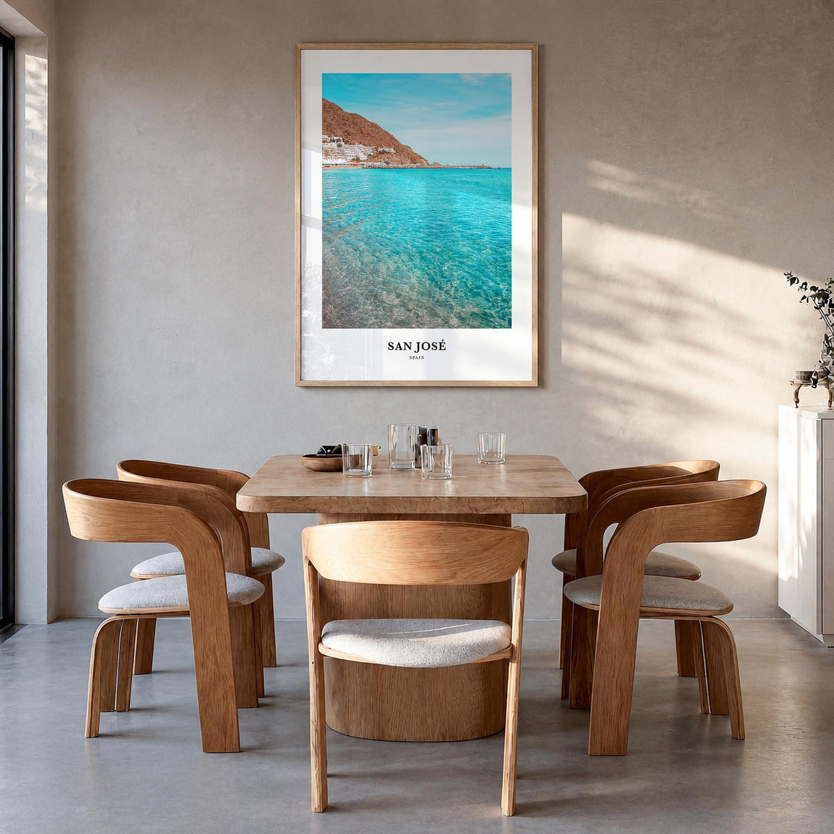 San José, Spain colorful classic poster of Spain – vertical wall art in natural wood frame, hanging on wall