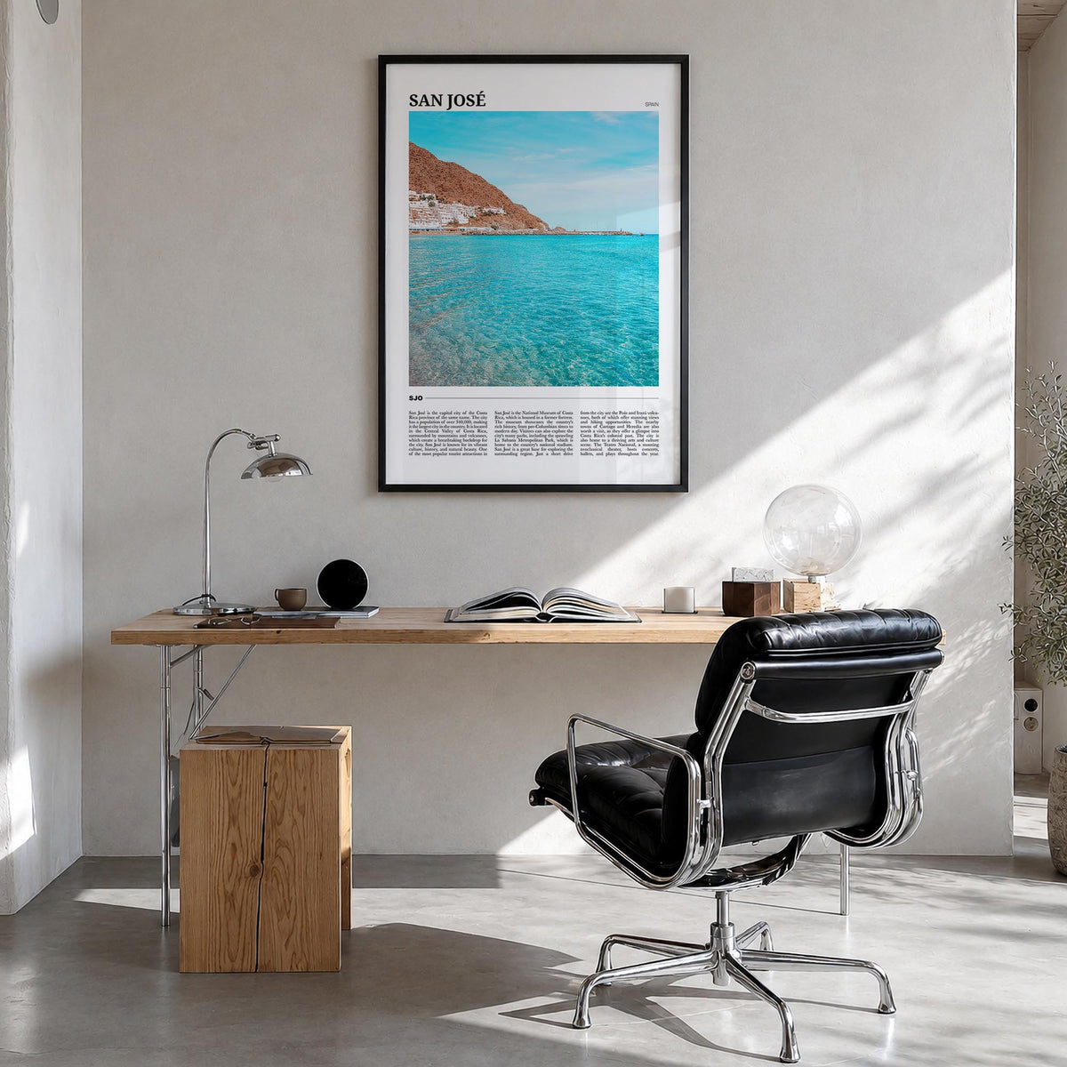 San José, Spain colorful travel poster of Spain – vertical wall art in black wood frame, hanging on wall