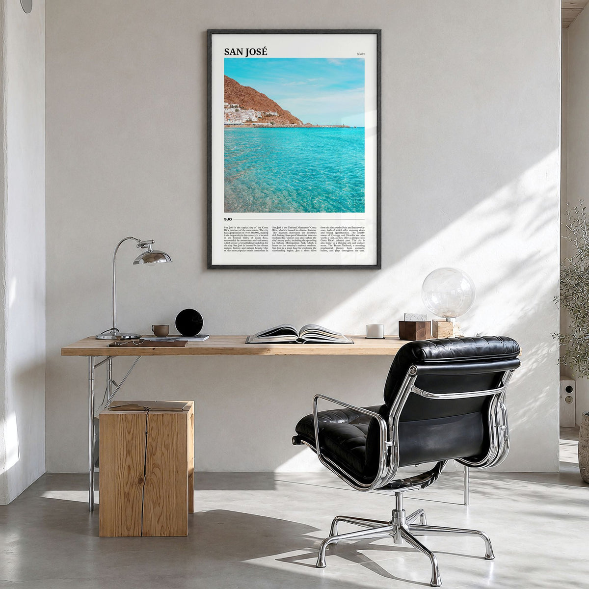 San José, Spain Travel Poster in a black wood frame, hanging in a bright home office