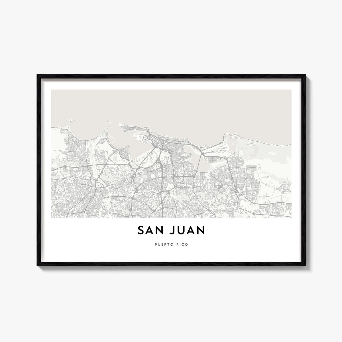 San Juan black & white map poster of Puerto Rico – horizontal wall art, unframed print shown in interior mockup