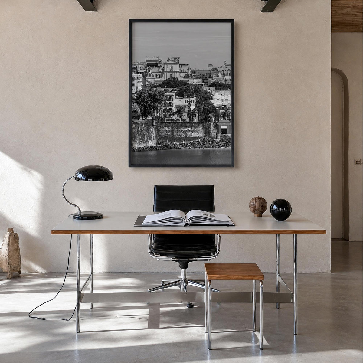 San Juan black & white photo poster of Puerto Rico – vertical wall art in black wood frame, hanging on wall