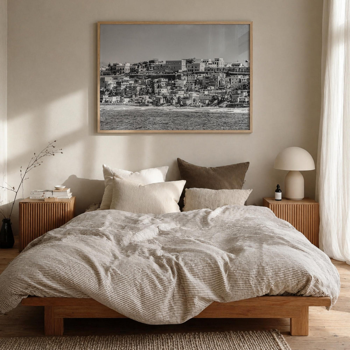San Juan black & white photo poster of Puerto Rico – horizontal wall art in natural wood frame, hanging on wall