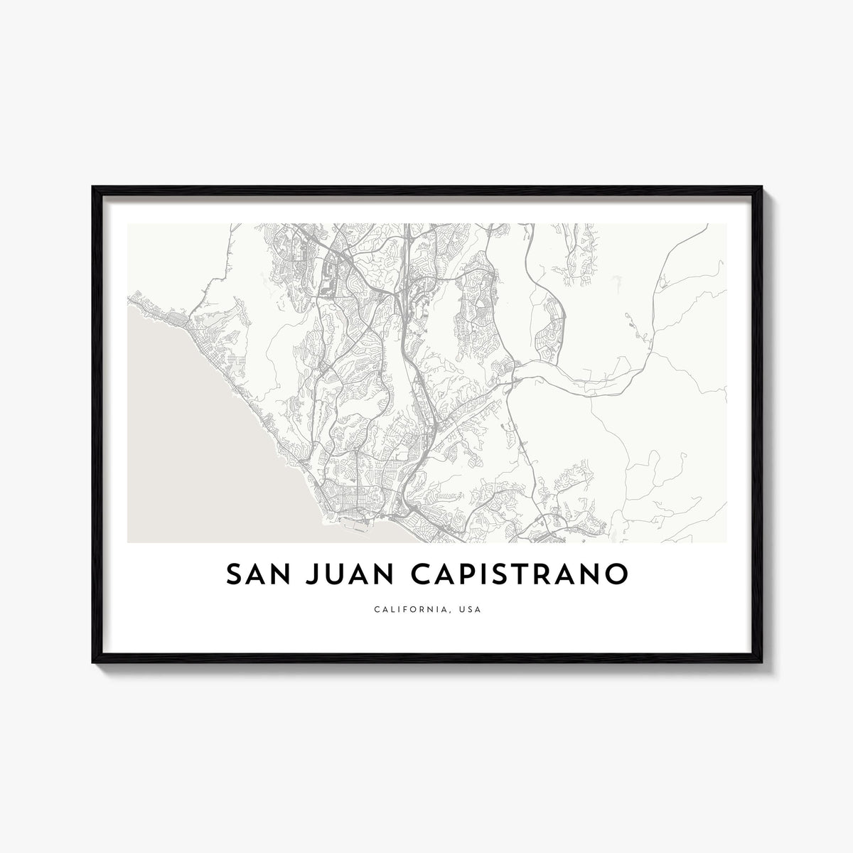 San Juan Capistrano black & white map poster of California, USA – horizontal wall art, unframed print shown in interior mocku