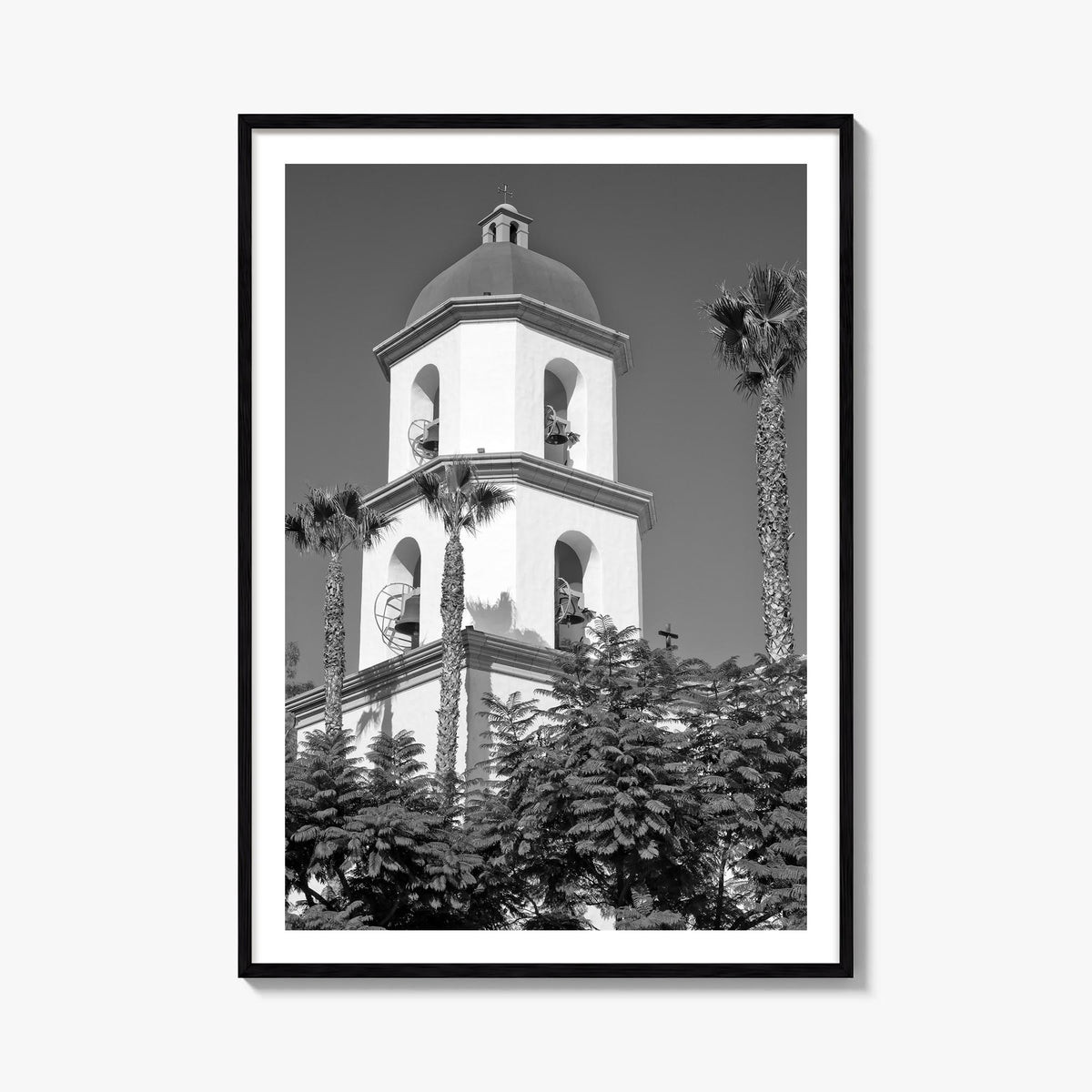 San Juan Capistrano black & white photo poster of California, USA – vertical wall art, unframed print shown in interior mocku