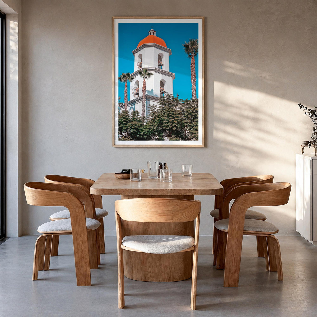 San Juan Capistrano colorful photo poster of California, USA – vertical wall art in natural wood frame with white border, han