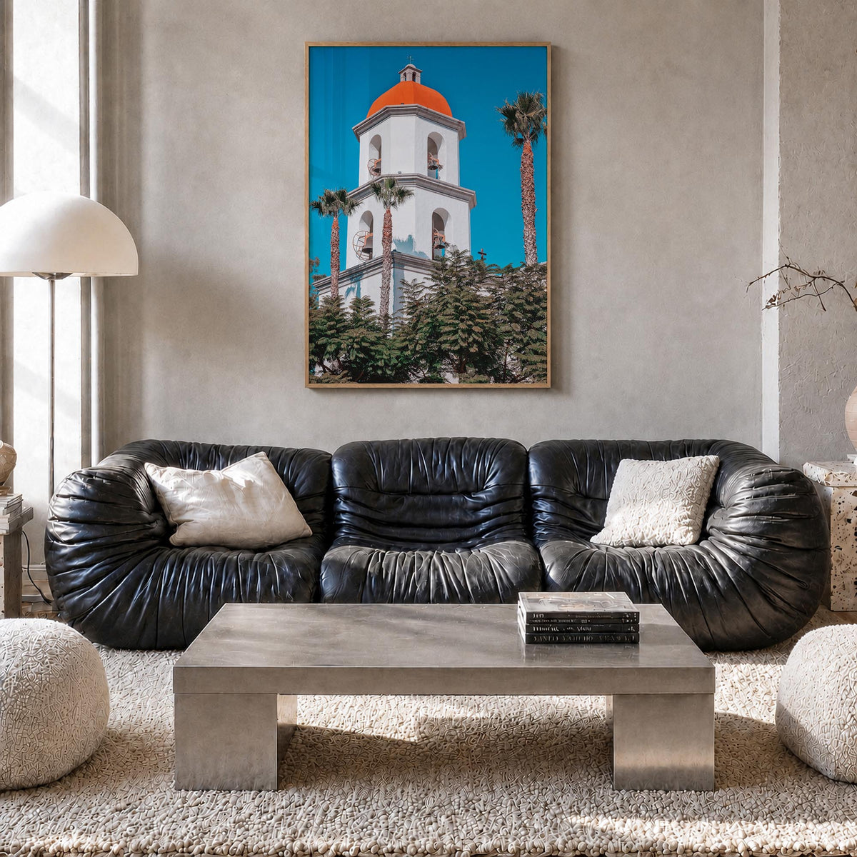 San Juan Capistrano colorful photo poster of California, USA – vertical wall art in natural wood frame, hanging on wall