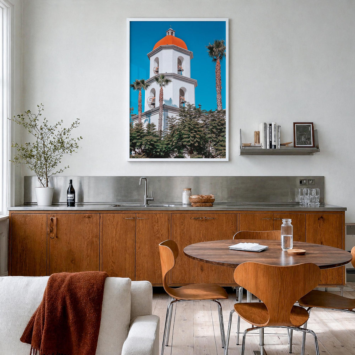 San Juan Capistrano colorful photo poster of California, USA – vertical wall art in white wood frame, hanging on wall