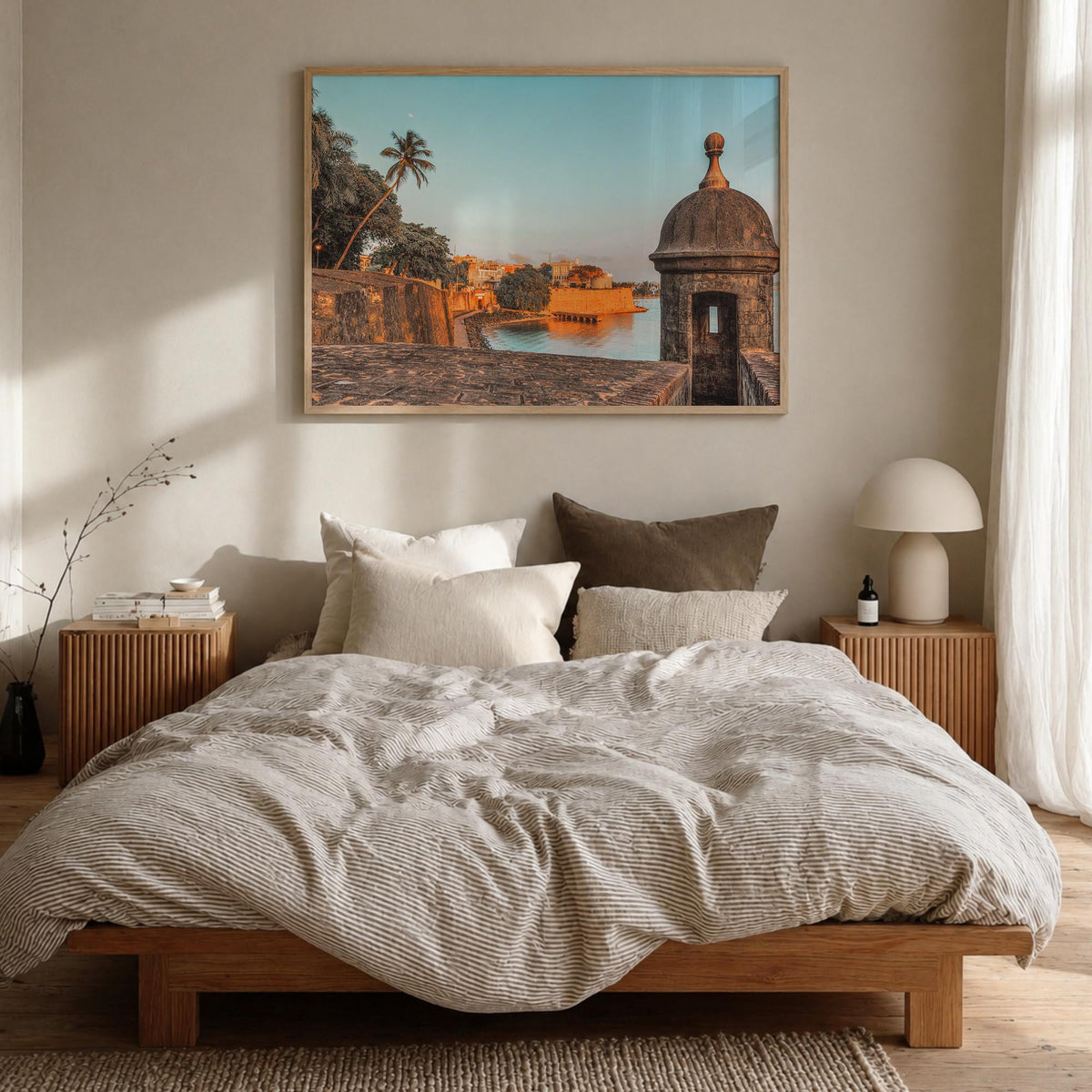 San Juan colorful photo poster of Puerto Rico – horizontal wall art in natural wood frame, hanging on wall