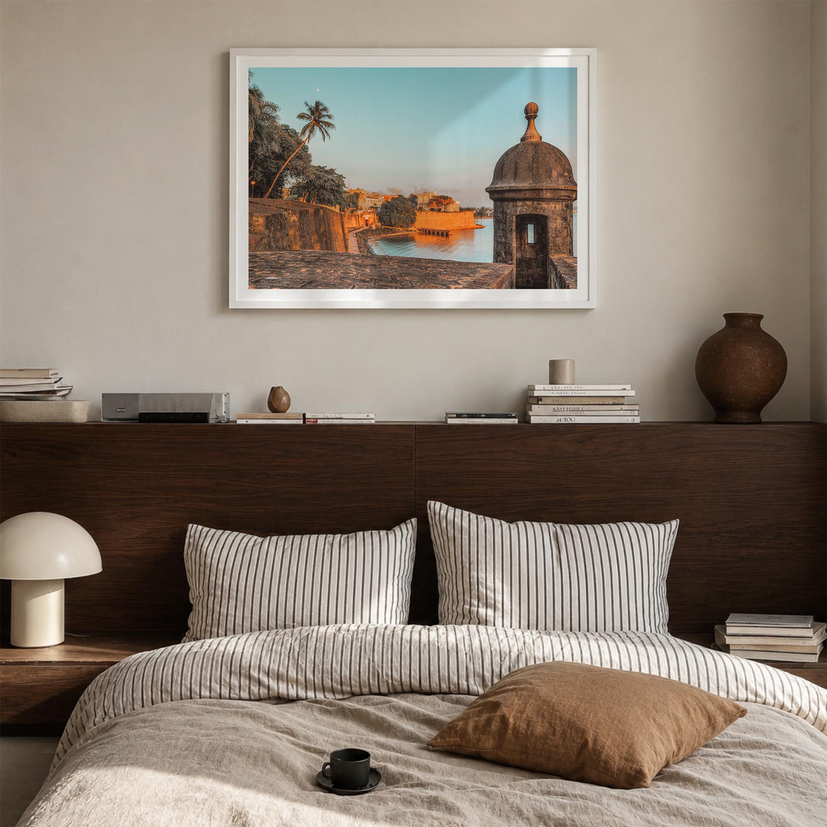 San Juan colorful photo poster of Puerto Rico – horizontal wall art in white wood frame with white border, hanging on wall