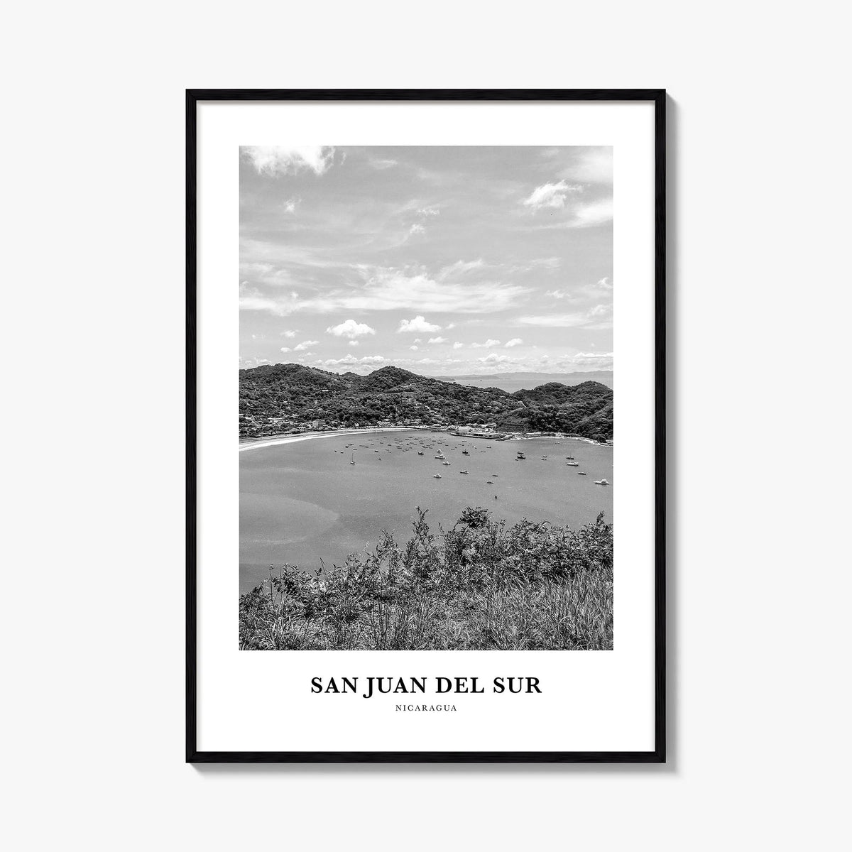 San Juan del Sur black & white classic poster of Nicaragua – vertical wall art, unframed print shown in interior mockup