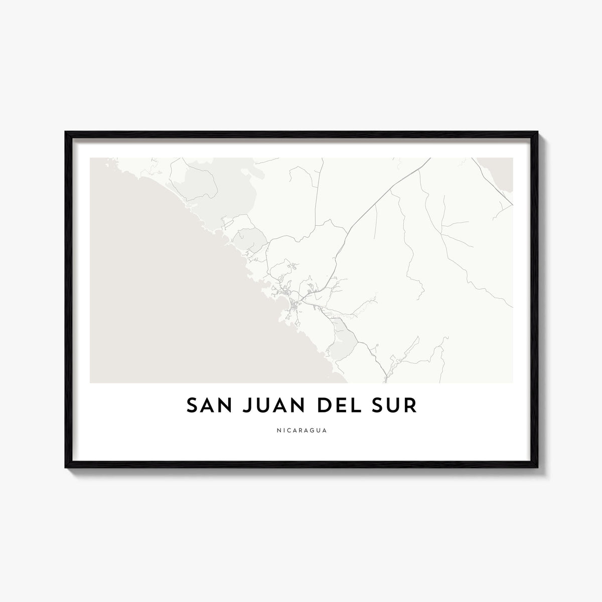 San Juan del Sur black & white map poster of Nicaragua – horizontal wall art, unframed print shown in interior mockup