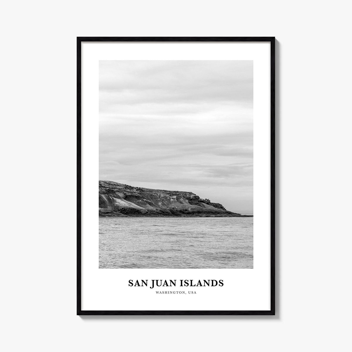 San Juan Islands black & white classic poster of Washington, USA – vertical wall art, unframed print shown in interior mockup