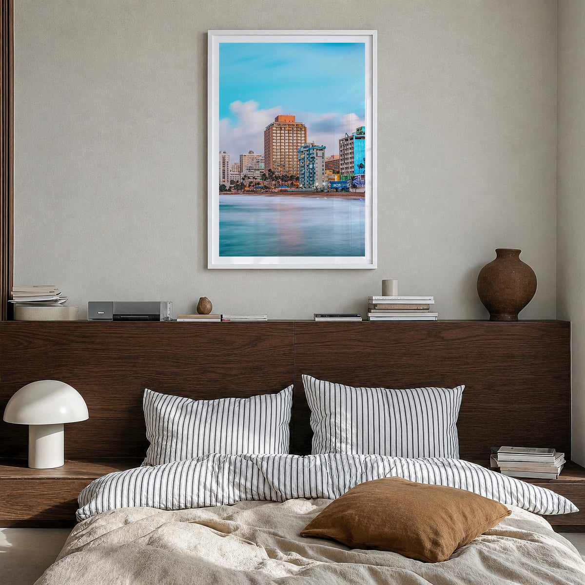 San Juan no. 1 colorful photo poster of Puerto Rico – vertical wall art in white wood frame with white border, hanging on wal