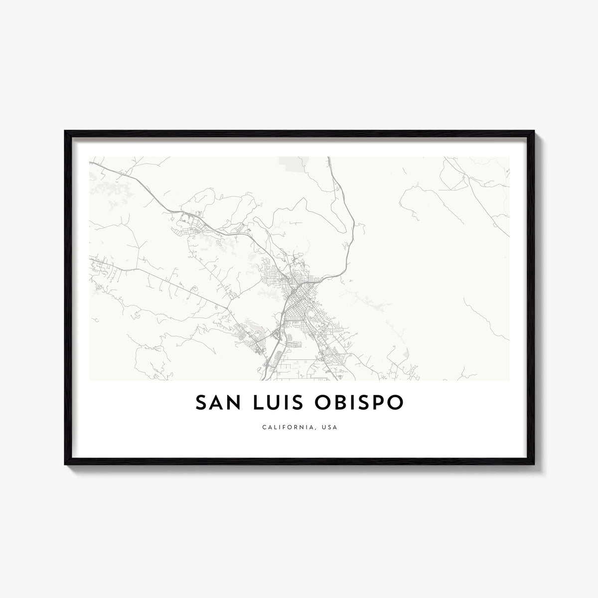 San Luis Obispo black & white map poster of California, USA – horizontal wall art, unframed print shown in interior mockup