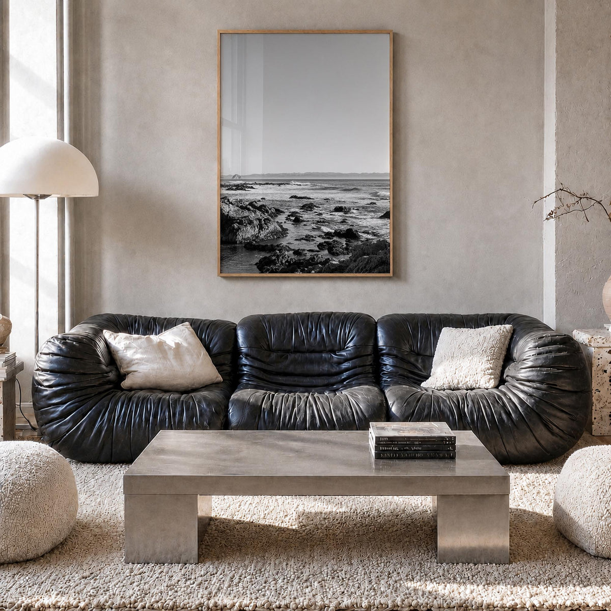San Luis Obispo black & white photo poster of California, USA – vertical wall art in natural wood frame, hanging on wall
