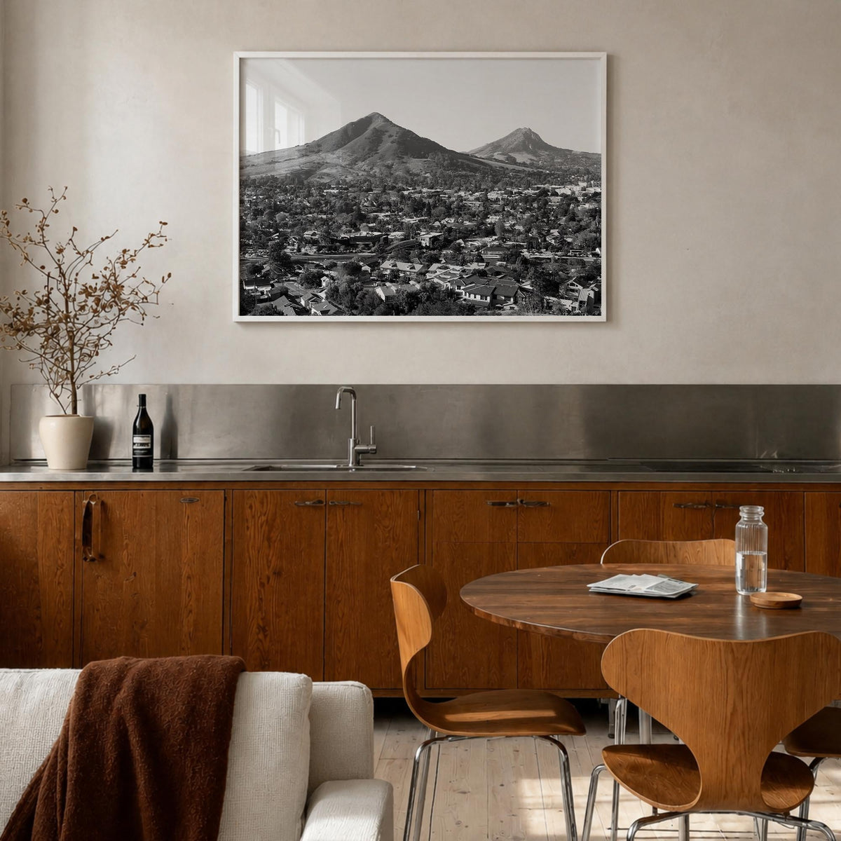 San Luis Obispo black & white photo poster of California, USA – horizontal wall art in white wood frame, hanging on wall