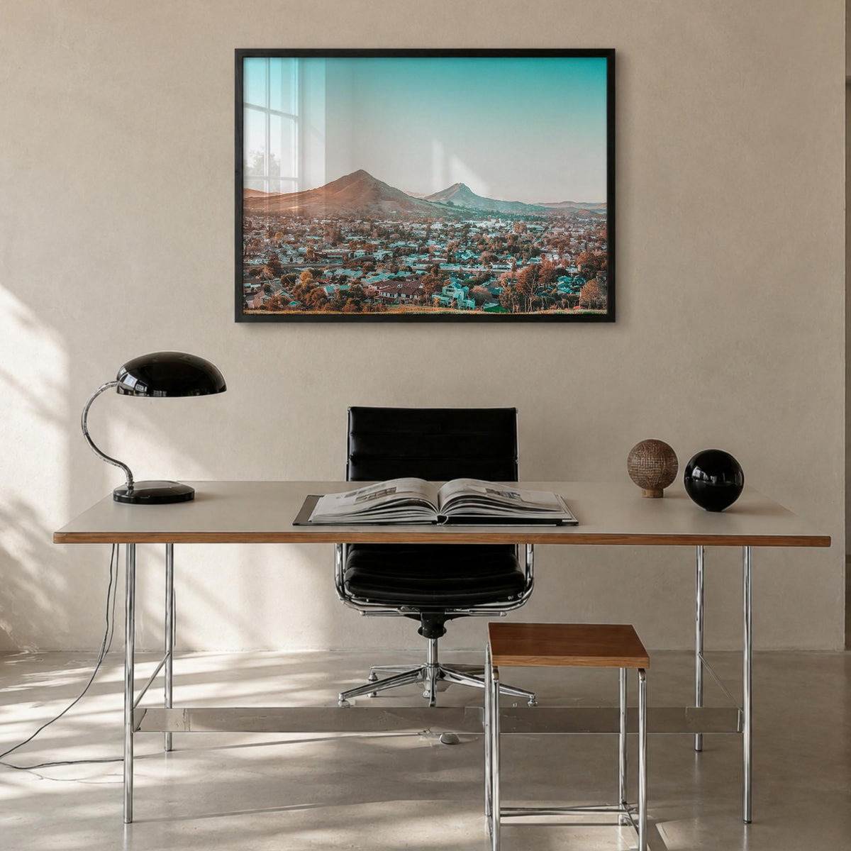 San Luis Obispo colorful photo poster of California, USA – horizontal wall art in black wood frame, hanging on wall